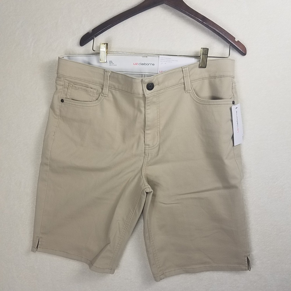 Liz Claiborne Sara Short Womens 16 Khaki NEW Mid-Rise Slimming Bermuda Stretch